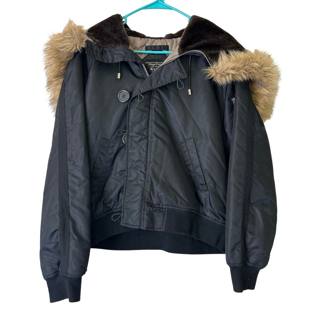 Vintage Arizona Faux Fur Hooded Bomber Jacket Y2K Utility black winter grunge XL